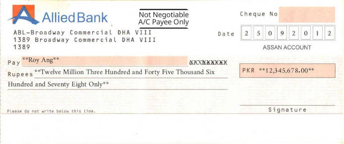 Free Online Cheque Writer for Allied Bank in Pakistan