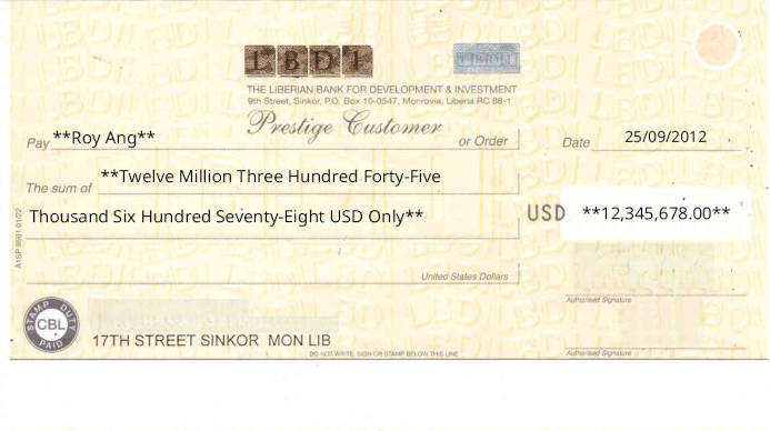 Free Online Check Writer for LBDI - The Liberian Bank for Development & Investment (USD) in Liberia