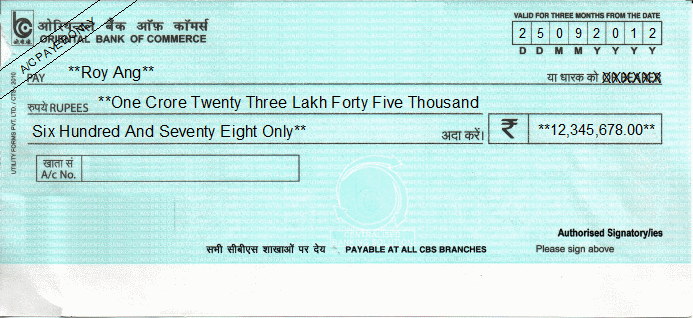 Printed Cheque of Oriental Bank of Commerce India Printed Cheque of Oriental Bank of Commerce India