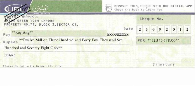 Free Online Cheque Writer for UBL Ameen (UBL Islamic Banking) in Pakistan